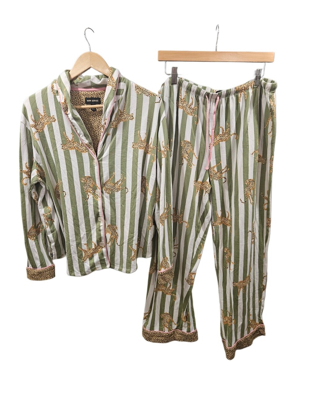 Room Service Leopard Stripe Pajama Set Green White Pink Trim Large - Picture 3 of 9